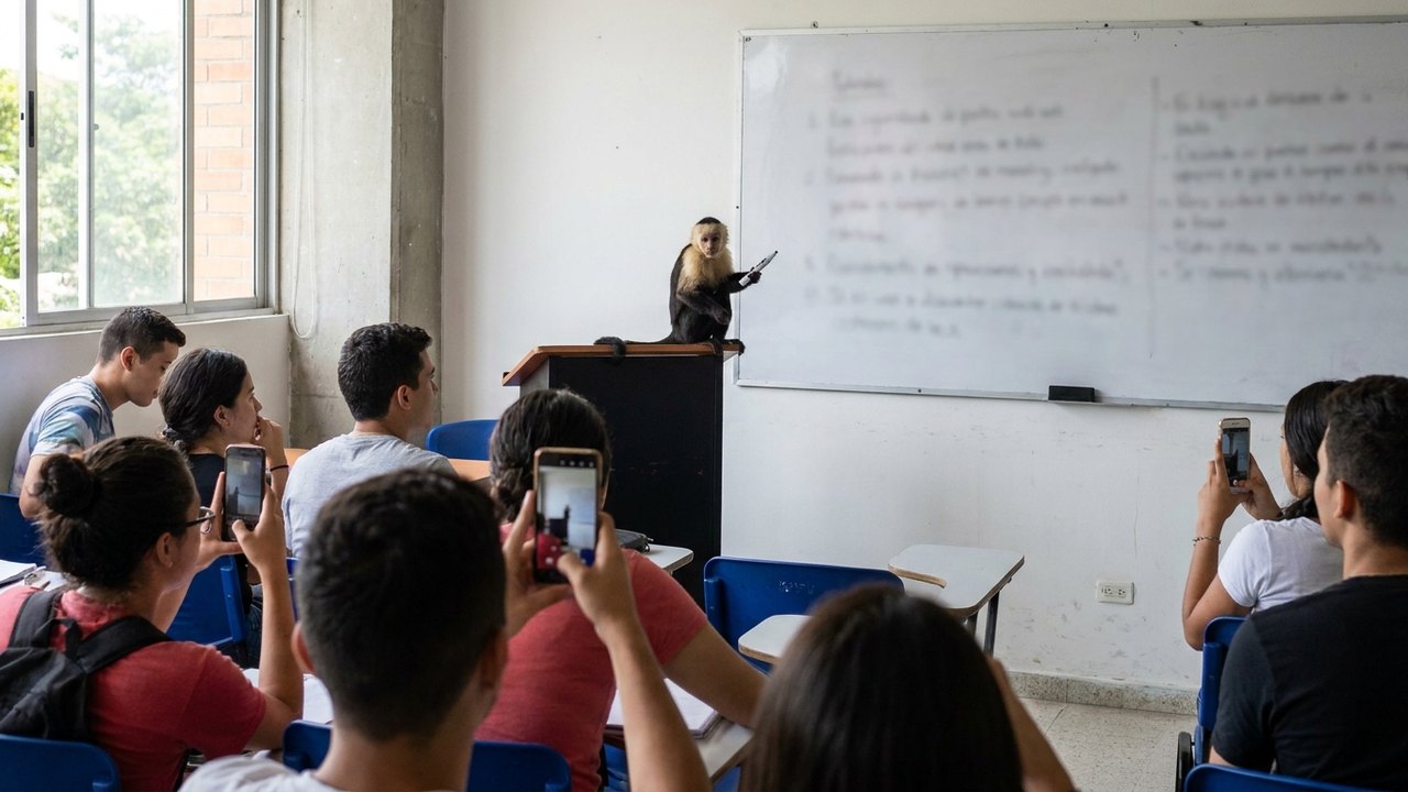 Professor, pode apagar? Macaco interrompe aula e vira atração na Colômbia