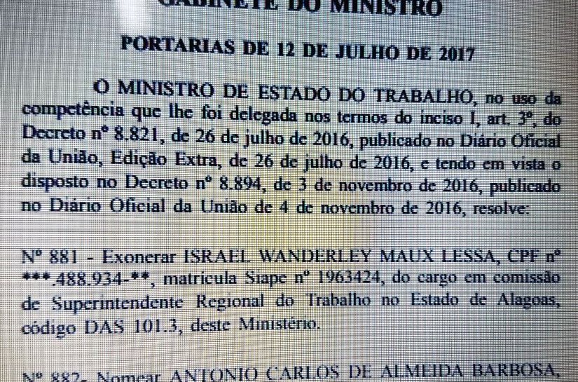 Aliado de Lessa é exonerado da superintendência do Trabalho em AL