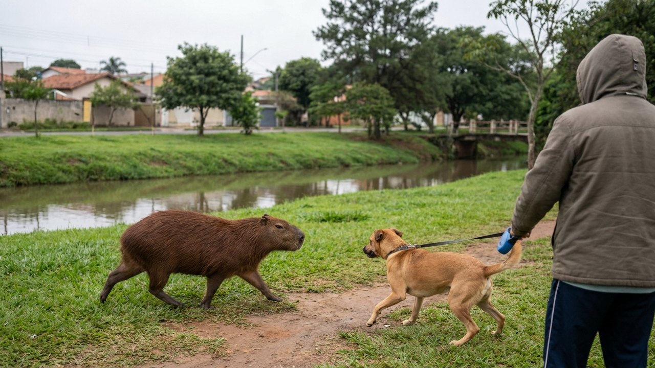 Capivara avança em cachorro durante passeio no interior de SP