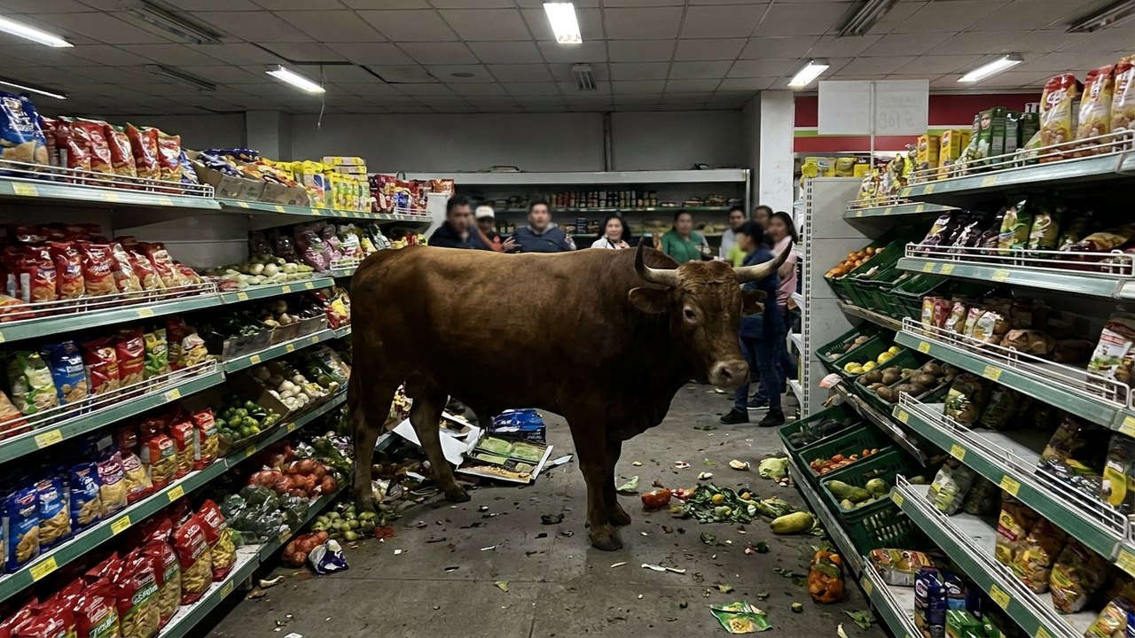 Touro foge e invade supermercado no Equador
