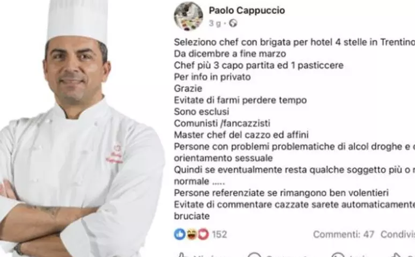 Chef é criticado na Itália por negar emprego a homossexuais e 'comunistas'