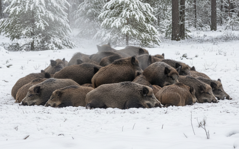 Manada de javalis enfrenta frio intenso na Polônia