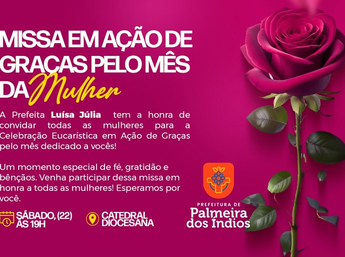Missa em ação de graças pelo Mês da Mulher acontece neste sábado (22), em Palmeira