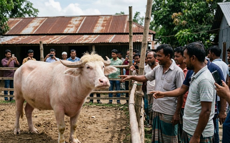 Búfalo albino com aparência semelhante à de Trump vira atração em Bangladesh