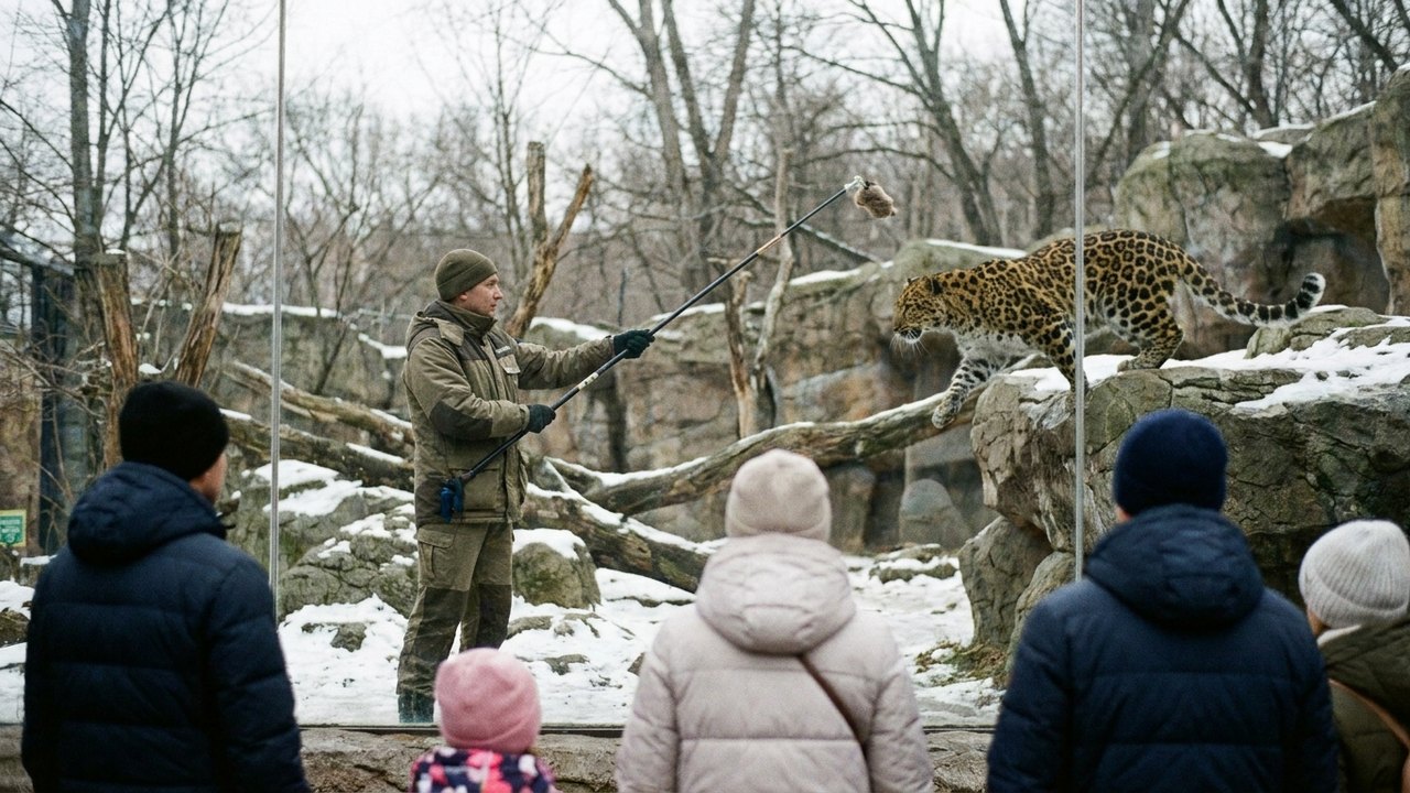 Zoológico de Moscou abre treinamento veterinário com leopardo raro ao público
