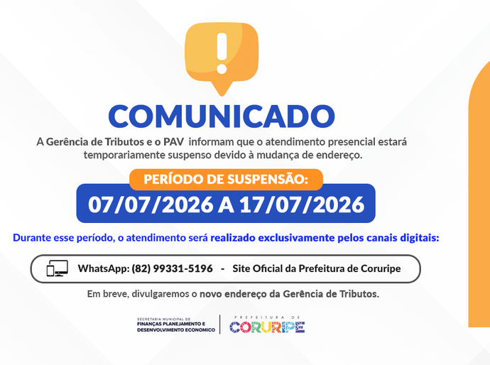 Coruripe: Gerência de Tributos suspende atendimento presencial temporariamente durante mudança de endereço