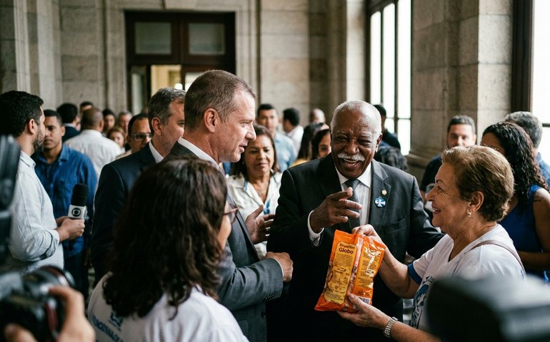 Cerimônia na Prefeitura do Rio reúne deputado bolsonarista, baluarte da Portela e distribuição de biscoitos Globo