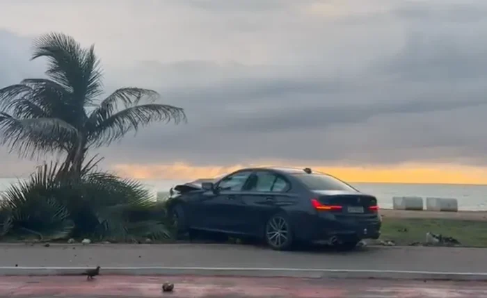 BMW ficou com a frente destruída após invadir a calçada e derrubar coqueiro na orla da Jatiúca, em Maceió