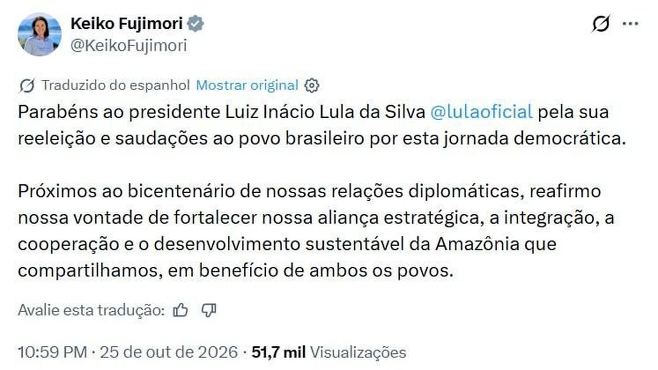 Keiko Fujimori parabeniza Lula e defende cooperação entre Peru e Brasil