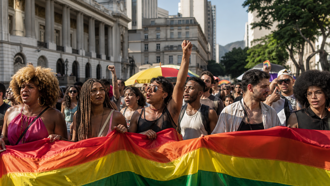 Sem salários, trabalhadores do Rio Sem LGBTfobia protestam no Centro