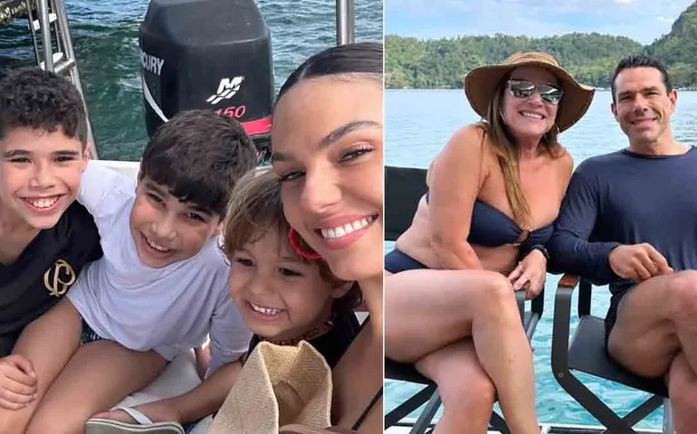 Isis Valverde posa com a sogra, mãe de Marcus Buaiz, em evento que tem a presença de Wanessa Camargo