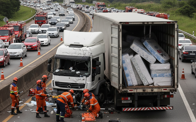 Colisão entre caminhões deixa motorista preso às ferragens em Minas Gerais