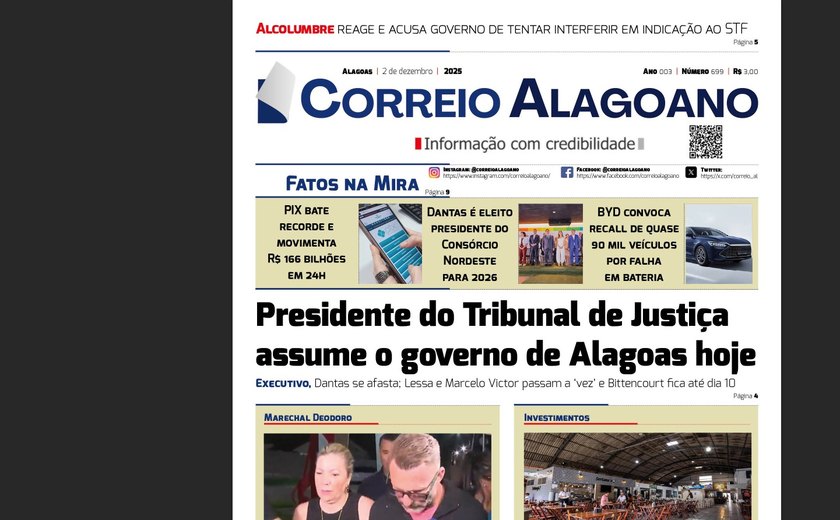 Presidente do Tribunal de Justiça assume o governo de Alagoas hoje