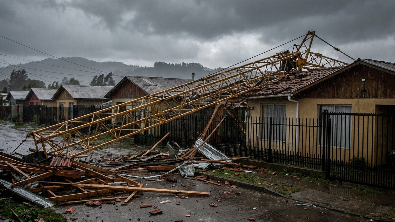 Guindaste desaba sobre casas durante forte temporal no Chile