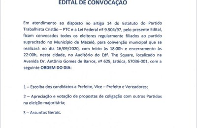 PTC anuncia convenção eleitoral para o dia 16 de setembro em Maceió
