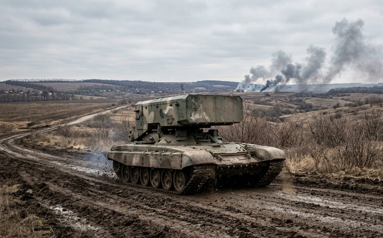 Sistema de lança-chamas russo Solntsepek é utilizado contra posições inimigas em Krasny Liman