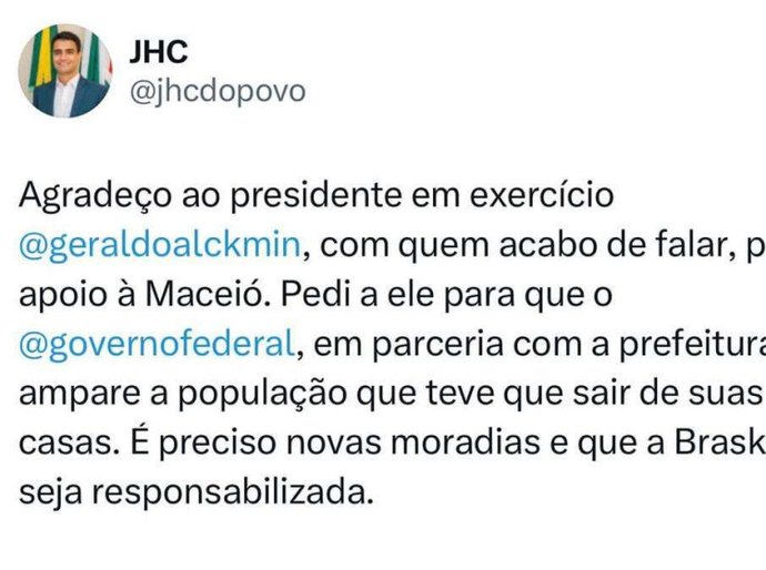Prefeito JHC liga para Geraldo Alckmin e pede apoio da União para amparo de moradores