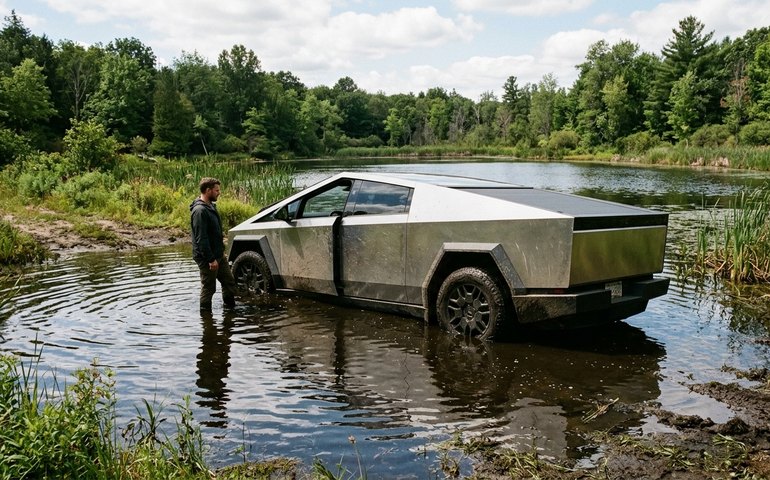 Motorista afunda Tesla Cybertruck ao tentar atravessar lago nos EUA