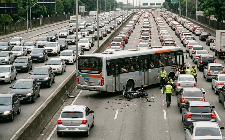 Acidente entre ônibus e moto provoca engarrafamento na Avenida Brasil