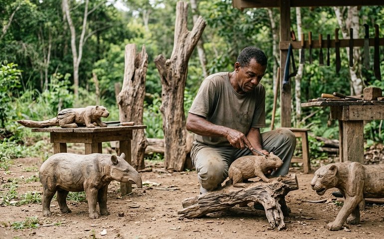 Dia da Terra: artista quilombola Marcelo Firmino cria bichos como pacas, antas e onças, com árvores mortas