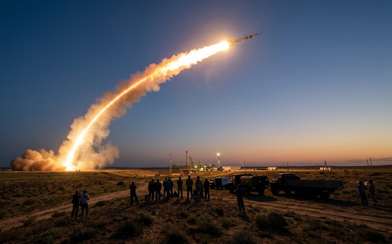 Lançamento de foguete Soyuz 2.1a pinta o céu russo com um rastro brilhante