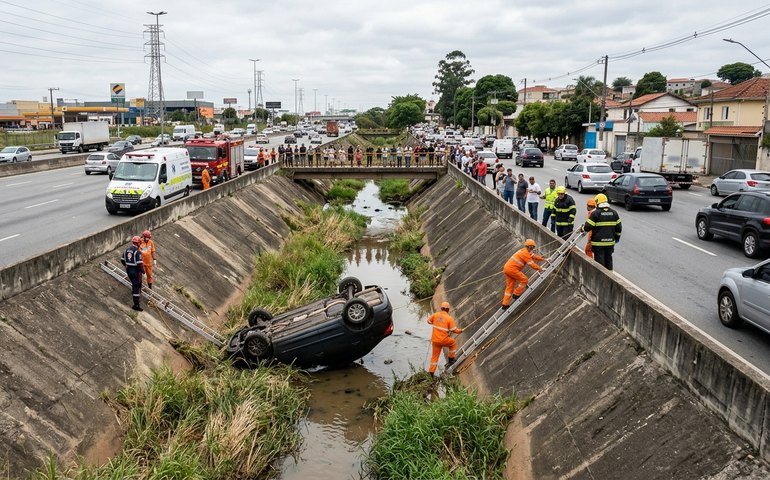 Carro capota e cai em córrego na Avenida Jacu-Pêssego; jovem de 19 anos fica ferido