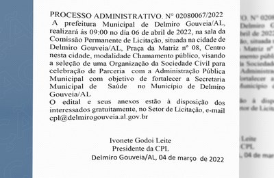 Prefeitura de Delmiro Gouveia realizará Chamamento Público