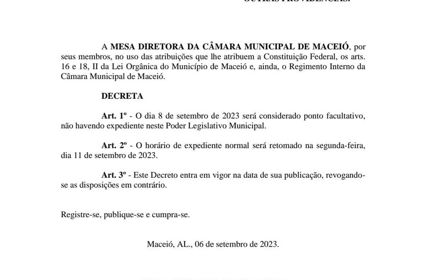 Ato da Mesa Diretora da Câmara Municipal de Maceió define ponto facultativo na sexta 8 de setembro