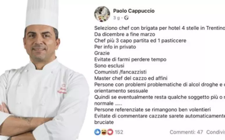 Chef é criticado na Itália por negar emprego a homossexuais e 'comunistas'