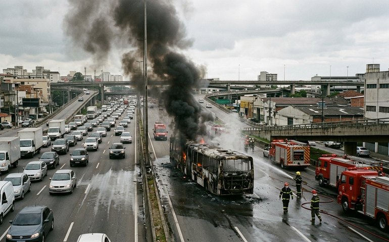 Incêndio em ônibus complica trânsito na Avenida Brasil, em São Cristóvão