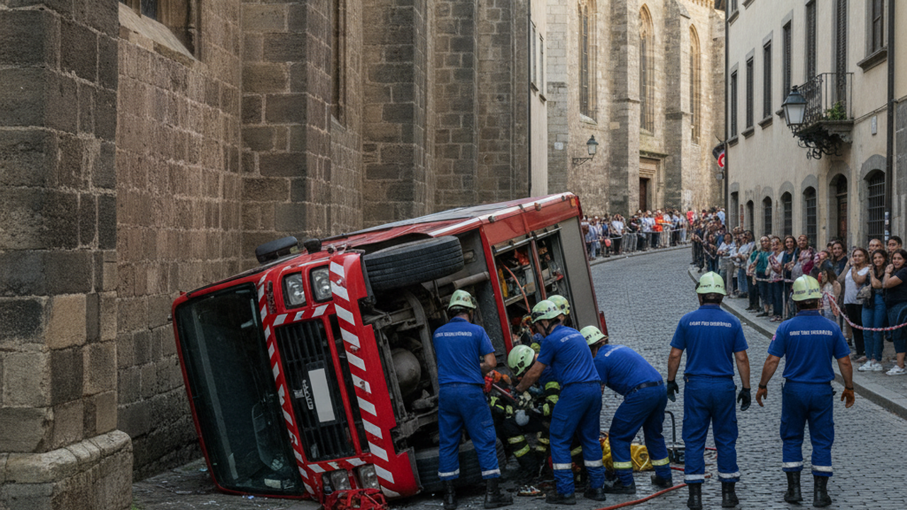 Viatura do Corpo de Bombeiros tomba após colisão na Ladeira da Catedral; militares ficaram presos às ferragens