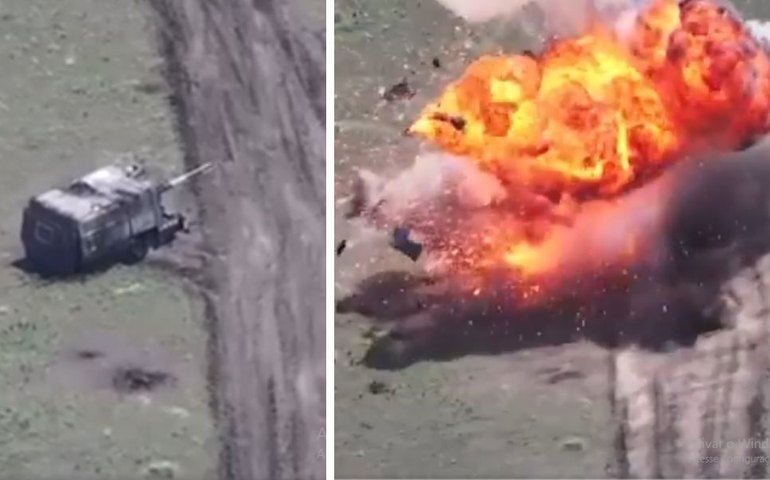 Vídeo mostra ataque com drone ucraniano que explode 'tanque-tartaruga' russo