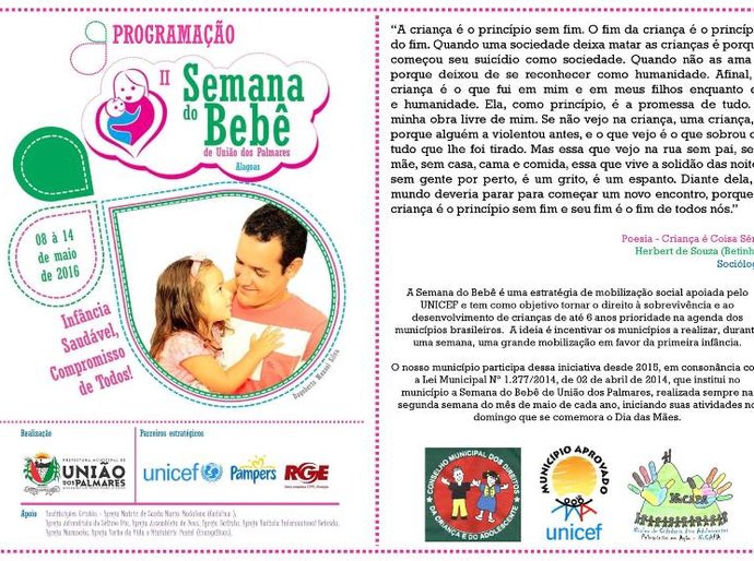 Segunda Semana do Bebê terá início domingo, dia 8, em União dos Palmares