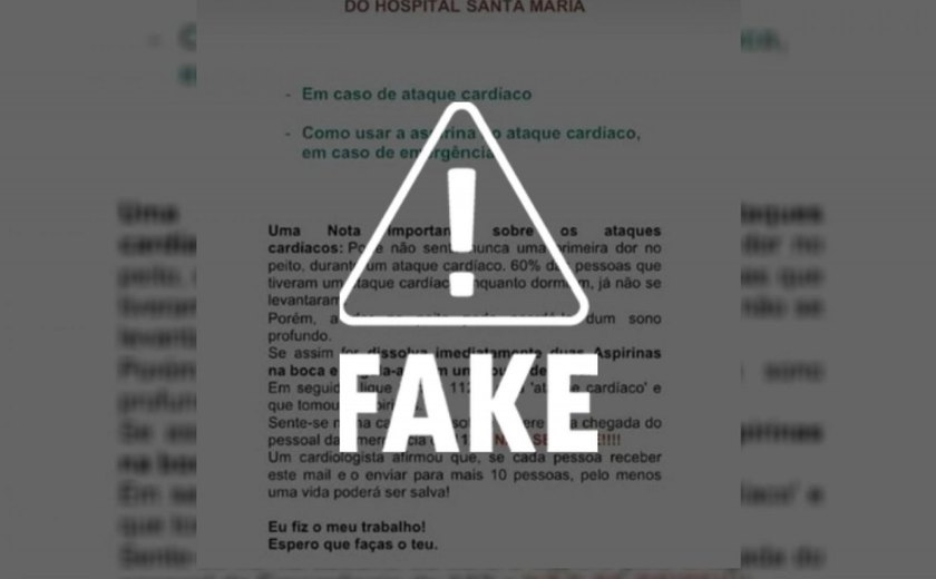 É falso que hospital tenha recomendado aspirina em caso de ataque cardíaco