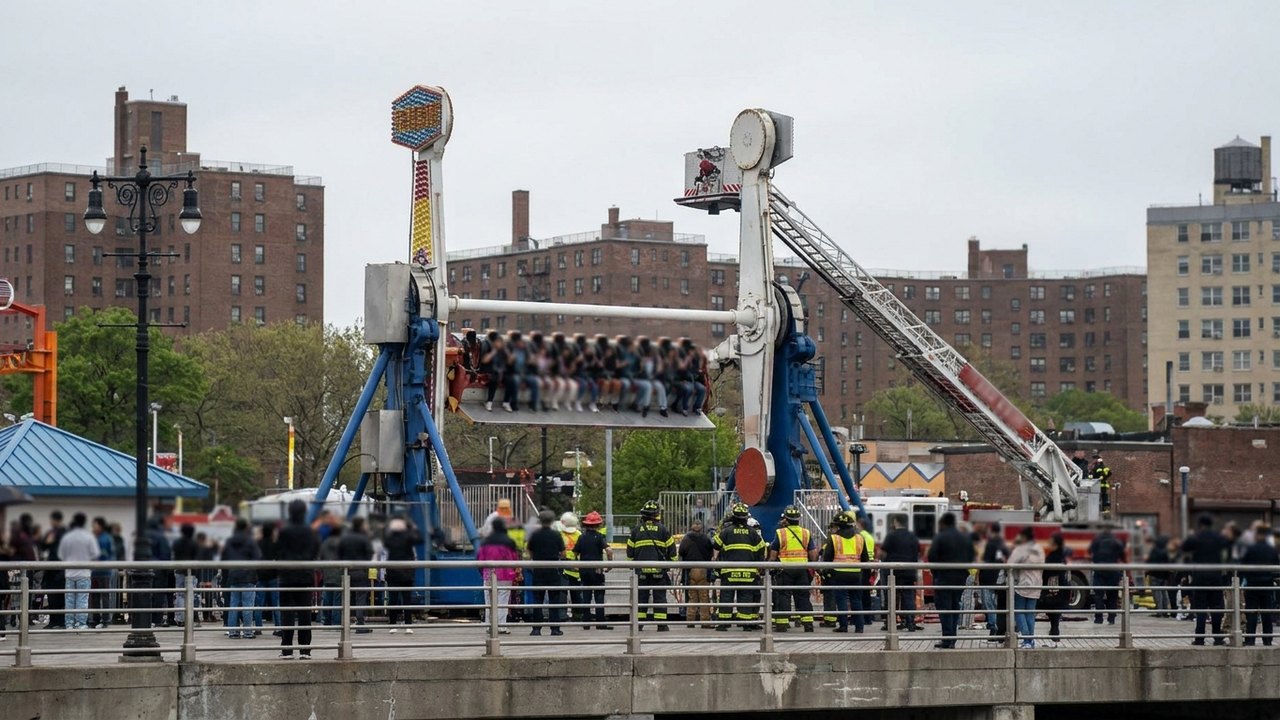 Atração trava no alto em parque de diversões de Nova York e deixa 16 pessoas presas