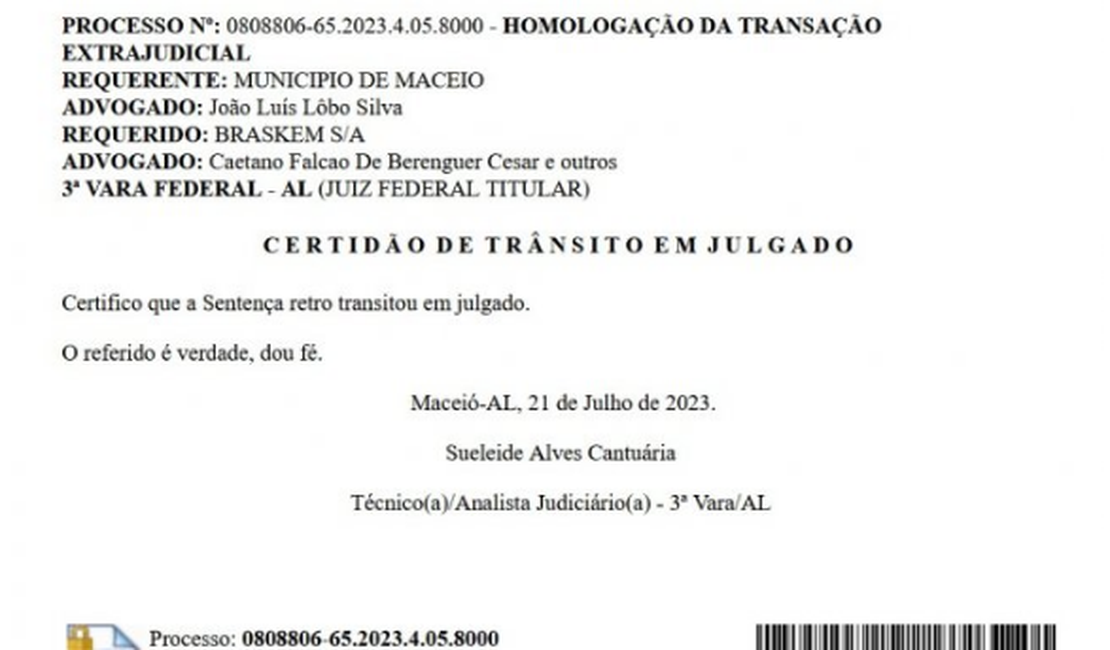 JHC fez o caminho correto e acordo da Prefeitura de Maceió com a Braskem já está com o status de Trânsito em Julgado