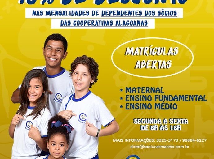 Escola oferece 15% de desconto para dependentes de cooperados das cooperativas alagoanas