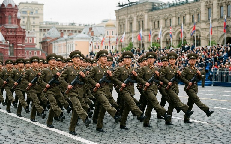 Militares da Coreia do Norte participam de desfile na Praça Vermelha