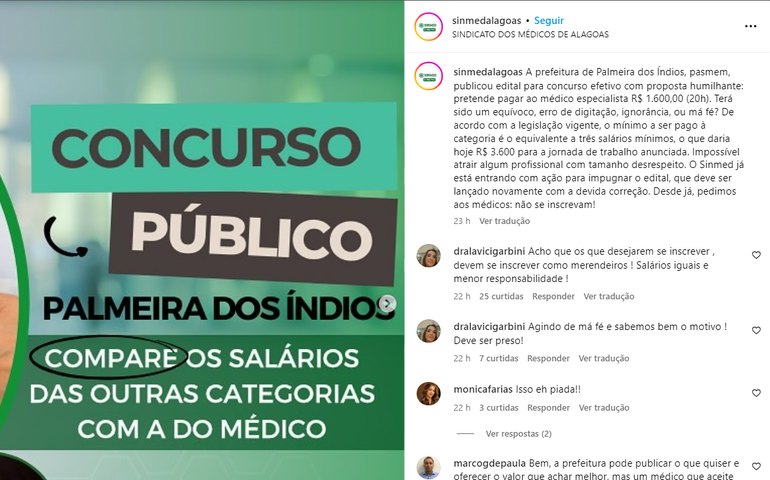 Sindicato dos Médicos convoca boicote a inscrição de concurso em Palmeira: 'salários irrisórios'