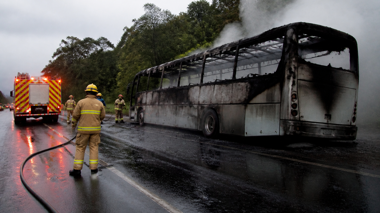 Bombeiros resgatam 13 passageiros após ônibus pegar fogo no Paraná