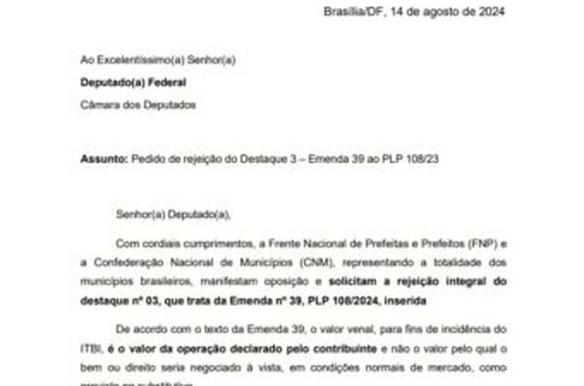 CNM encaminha ofício com pedido de rejeição a destaque do PLP 108/23