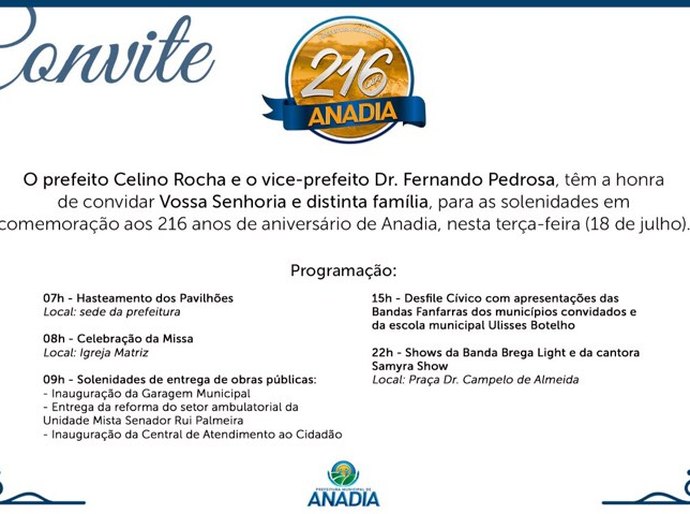 Anadia tem programação especial para comemorar 216 anos de aniversário