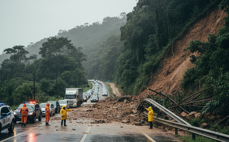 Chuvas provocam interdição de rodovias no litoral norte de São Paulo