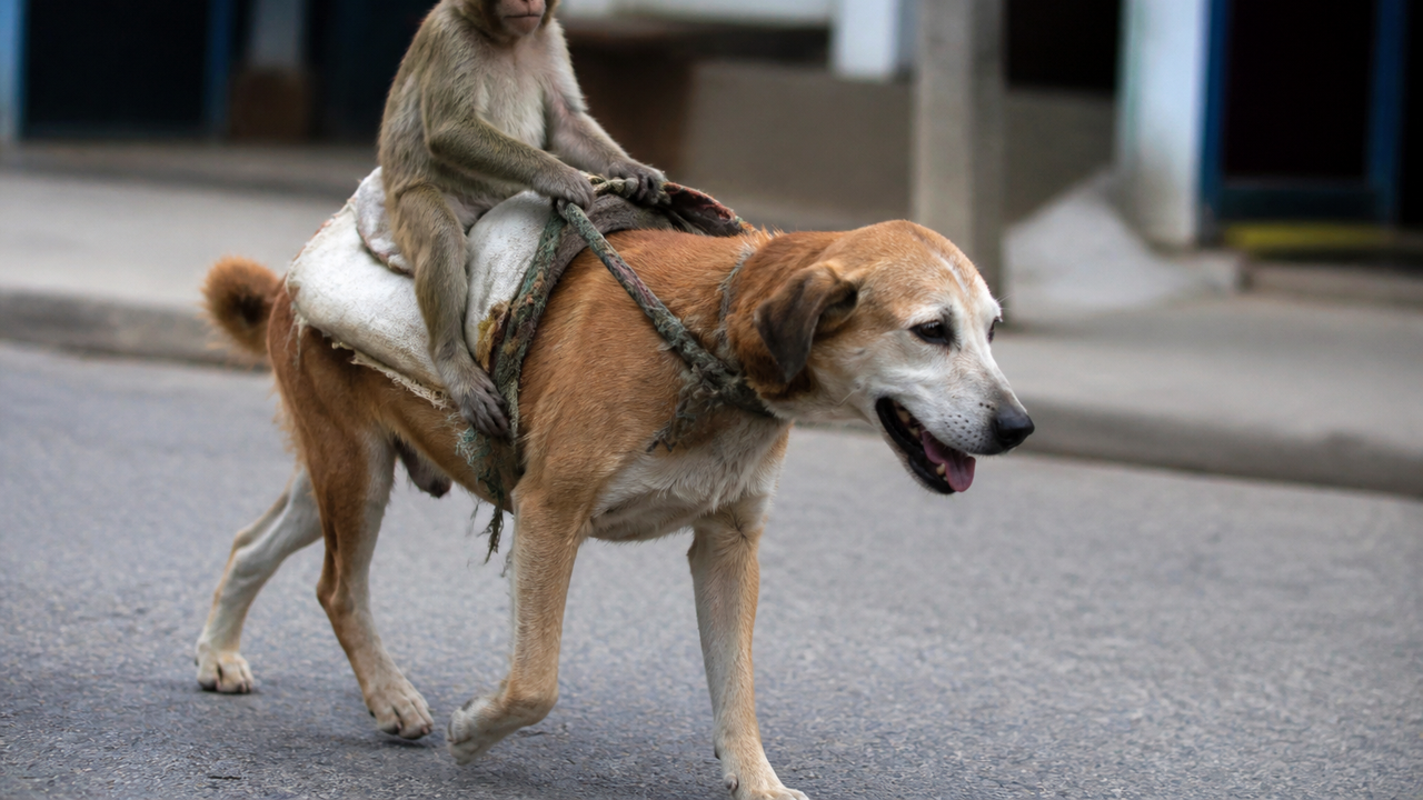 Quem precisa de cavalo? Macaco escolhe cachorro como montaria na Colômbia