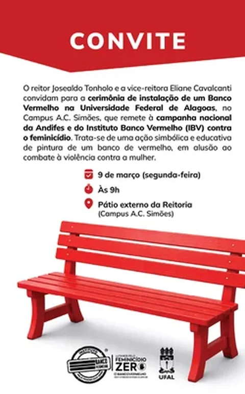 Ufal vai instalar banco vermelho em cerimônia simbólica pelo feminicídio zero