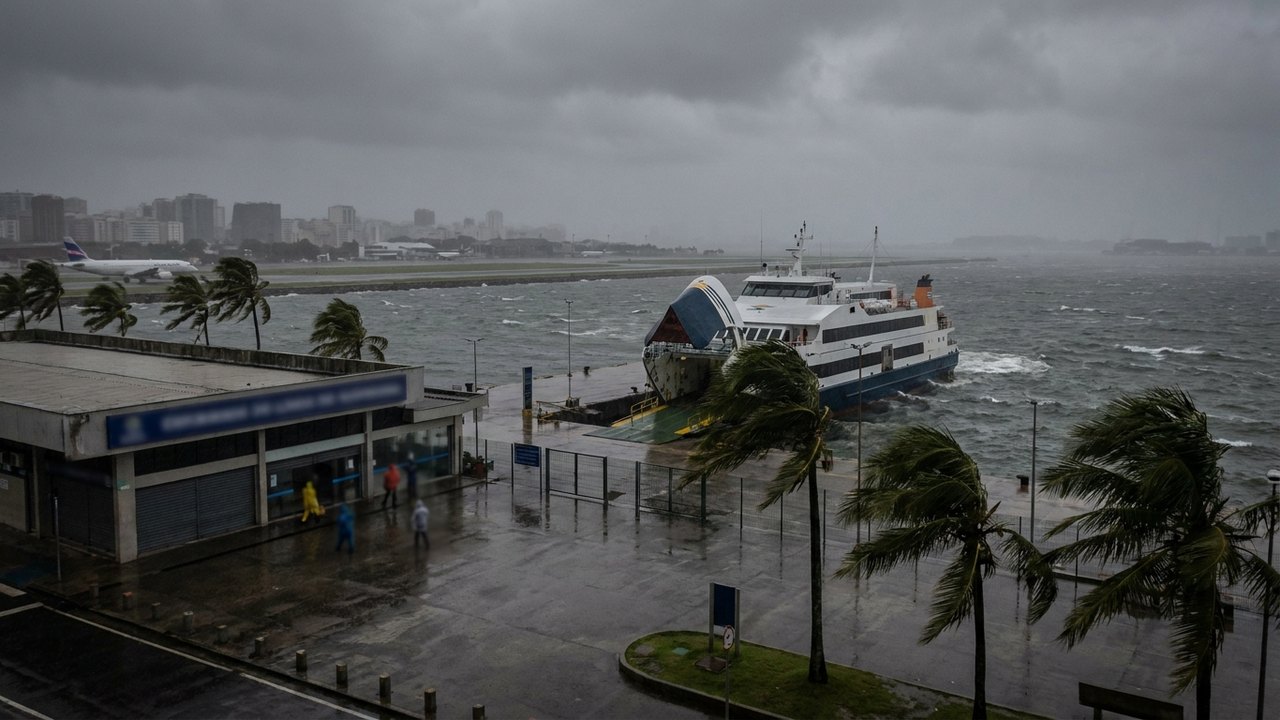Ventania no Rio: Santos Dumont tem apagão, e metrô e barcas param com ventos