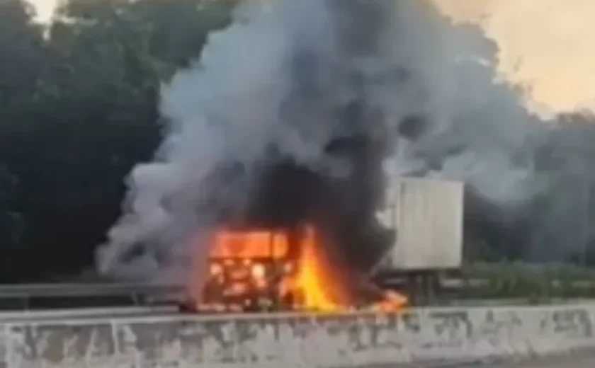 Caminhão-baú é destruído por incêndio na BR-101 em São Miguel dos Campos