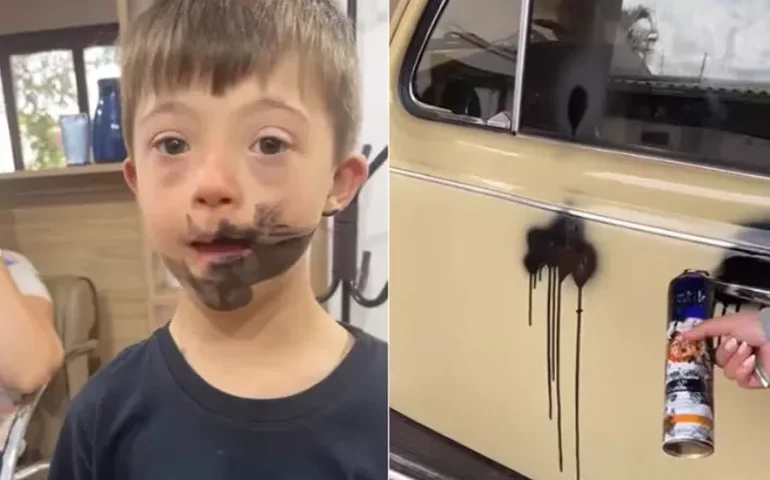 Huck brinca com garoto que 'pintou' Fusca da família: 'vou arrumar um estágio no Lata Velha'