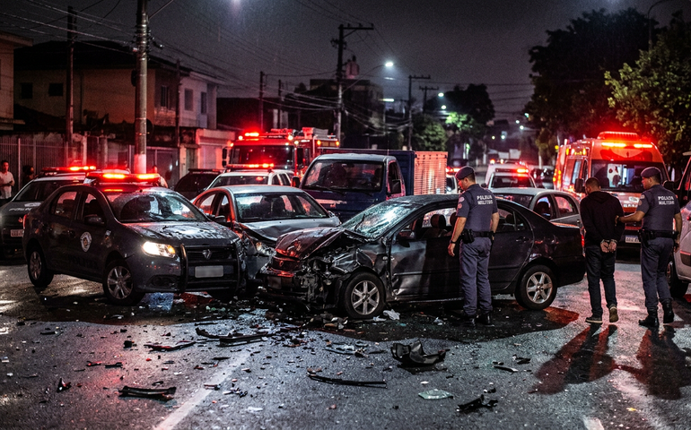Perseguição policial a suspeitos de roubo de farmácias termina em colisão múltipla em SP
