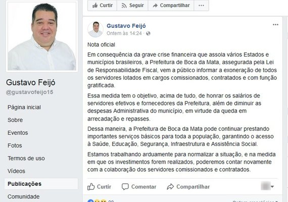 Prefeito exonera servidores comissionados e contratados de Boca da Mata, AL